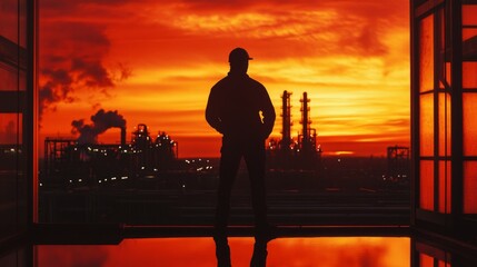 Fototapeta premium Industrial sunset reflection worker silhouette factory landscape photography urban environment wide angle hard work concept