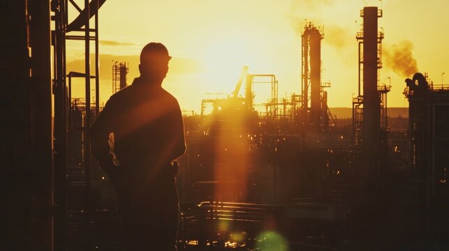 Industrial worker engaged in operations at oil refinery during sunset dynamic environment dramatic viewpoint industrial concept
