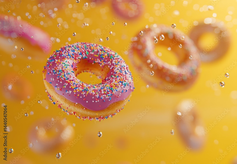Poster vibrant floating donuts with colorful sprinkles on a bright yellow background surrounded by bubbles 