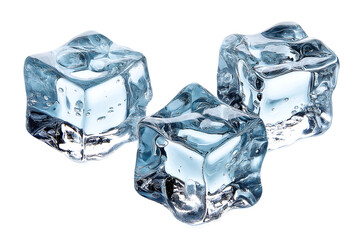 Three ice cubes float against a black background refreshing cool transparent