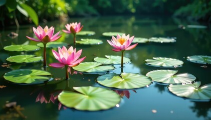 Water lilies forming a natural floral pattern across a lake, leaves, landscape, image