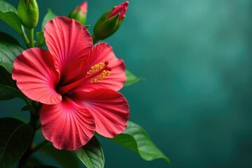 Bold hibiscus blossoms, lush green foliage, elegant arrangement , nature, fabric