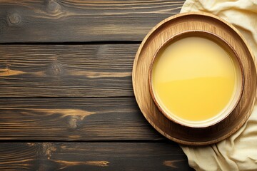 Creamy soup in a bowl on wooden tray