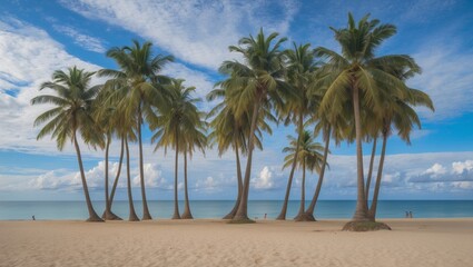 Fototapeta premium Palm Trees Silhouetted On Sandy Beach Underneath Blue Sky with White Clouds during Sunny Day