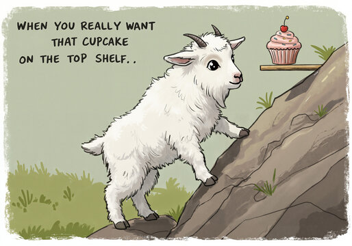 Cute baby goat reaching for a cupcake on a rocky shelf  