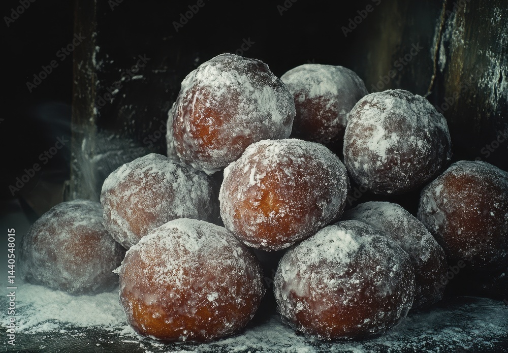 Poster warm and delicious sugar-dusted doughnuts piled high in a rustic bakery setting with soft lighting a