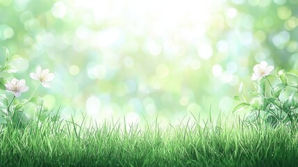 Bright sp meadow scene with fresh green grass delicate white flowers and a blurred sunlit background perfect for nature, sp, and outdoor themes