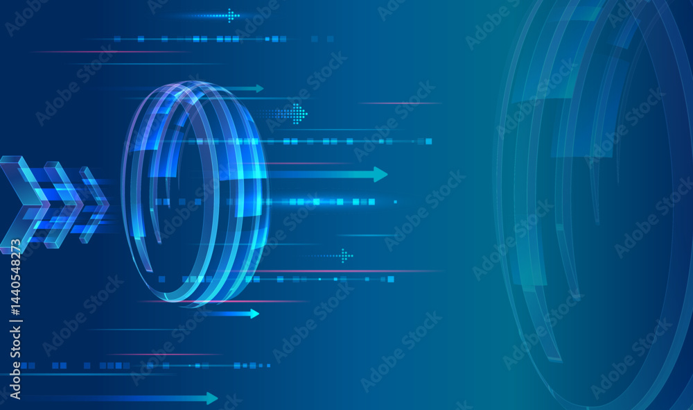 Poster abstract futuristic technology background with glowing blue rings, arrows, and digital elements on a