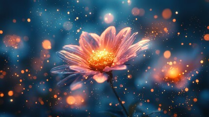 Obraz premium Dreamy pink flower with glowing center surrounded by bokeh lights on blue background.