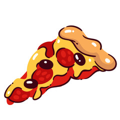 Pizza slice with melted cheese and pepperoni, cartoon doodle and flat style. Vector illustration of pizza for menu, fast food, or party design. Tasty snack for food lovers.