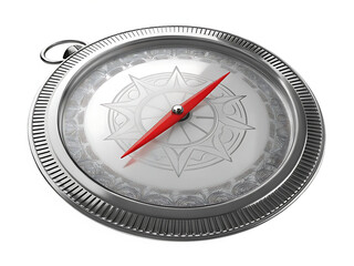 A detailed image of a classic silver pocket compass with a red needle, isolated on a transparent background .PNG