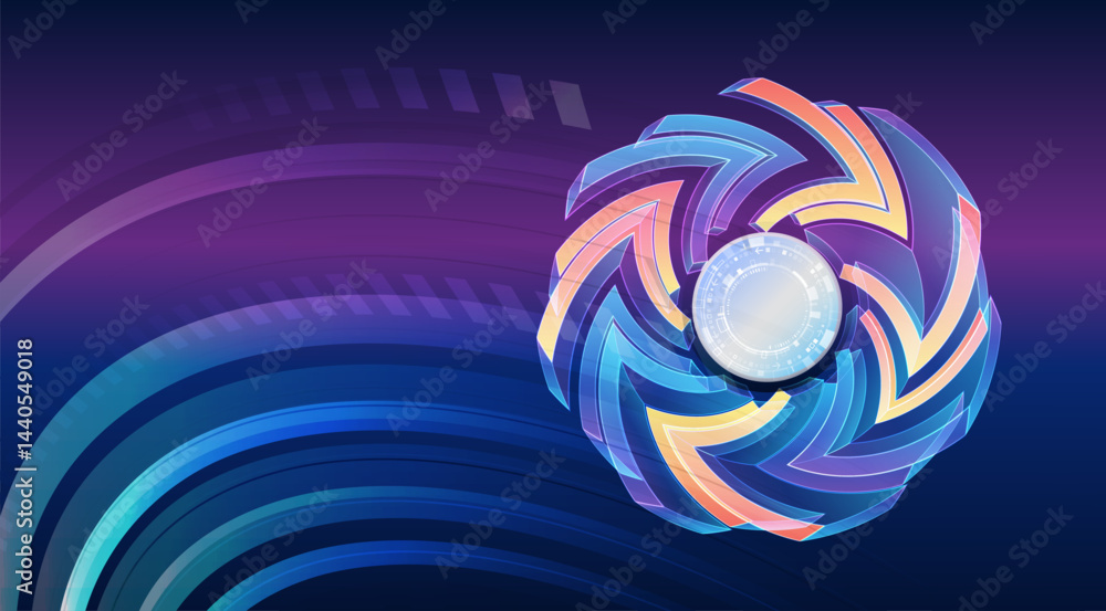 Poster Futuristic technology background with a rotating circular structure consisting of colorful arrows and digital elements. Ideal for technology, business, digital solutions and futuristic concepts.