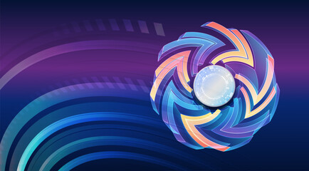 Futuristic technology background with a rotating circular structure consisting of colorful arrows and digital elements. Ideal for technology, business, digital solutions and futuristic concepts.