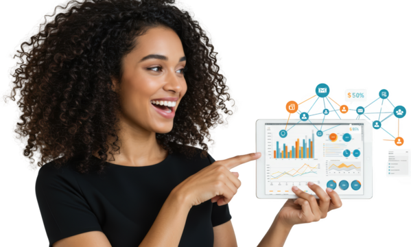 Smiling woman pointing at data charts displayed on a tablet screen