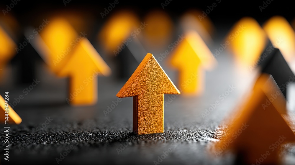 Poster yellow arrow positioned among black arrows representing fading move pattern icon concept for market 