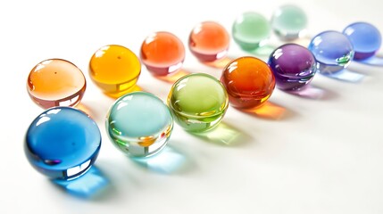 Rows of colorful transparent glass marbles (blue, green, orange, purple) arranged on a white surface, casting colored shadows and reflections from light.
