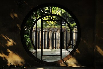 Round gate leading to a series of similar gates in a serene outdoor environment
