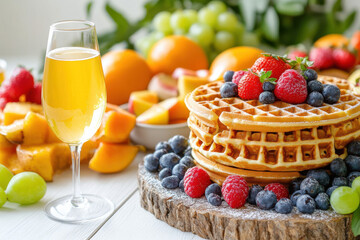 Delicious Brunch with Mimosa Glass, Waffles, and Fresh Fruit on Clean White Backdrop
