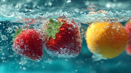 水中で泡に包まれた色とりどりの果物