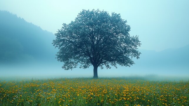 Single tree stands in a misty field with mountains in the background.