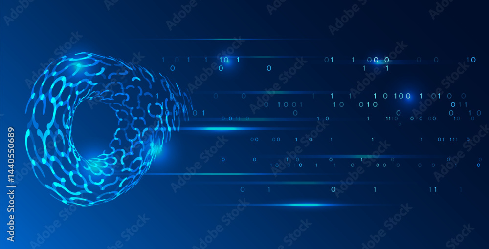 Aufkleber Abstract digital background with glowing blue ring and binary code, high-tech design concept perfect for artificial intelligence, machine learning, data transfer, blockchain and cybersecurity topics.