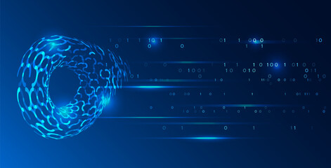 Abstract digital background with glowing blue ring and binary code, high-tech design concept perfect for artificial intelligence, machine learning, data transfer, blockchain and cybersecurity topics.