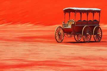 Red carriage rests on vibrant red sand under clear blue sky in an expansive desert landscape