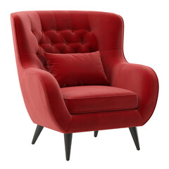 Red velvet armchair with button tufting and mid century modern legs.