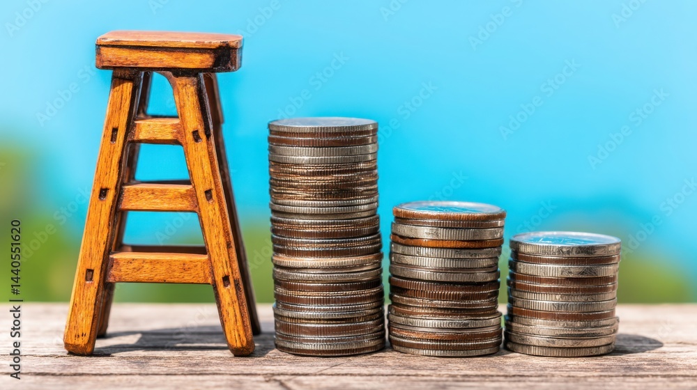 Aufkleber ladder placed next to stack of coins representing financial safety net planning and preparing for ec
