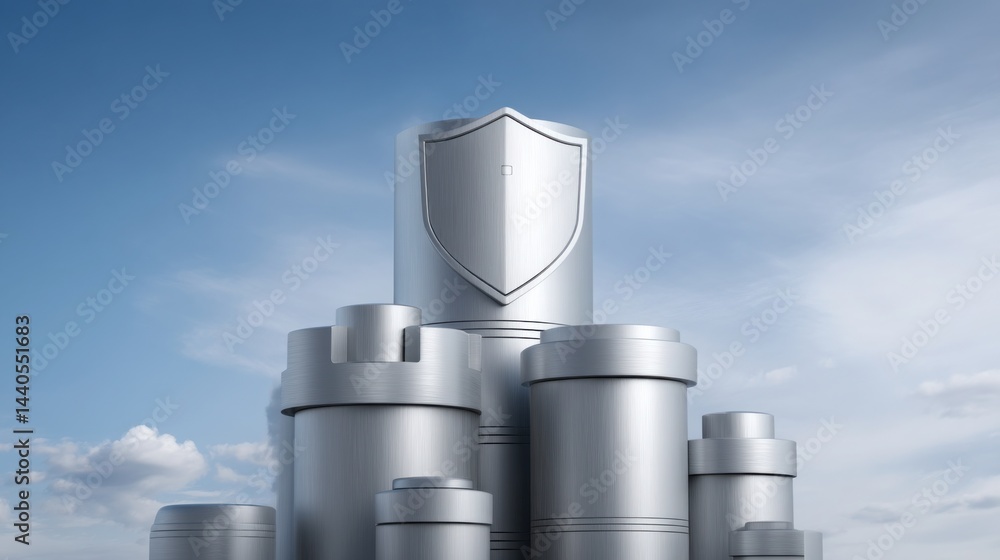 Poster a collection of metal barrels stacked together representing financial security and stability in mode