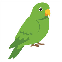 Illustration of a parrot depicted in a simple, cartoon style. The bird has vivid green plumage and a yellow beak