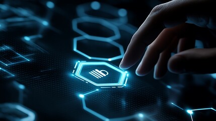 A professional interacting with a digital interface showcasing hexagonal tools for customer service, with a finger pointing at a phone icon on a dark backdrop