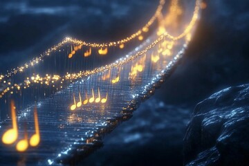 Musical bridge illuminated with shining notes creating a harmonious atmosphere at night