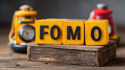 A toy car positioned next to a wooden block spelling fomo to represent impulse awareness and the urge to consume
