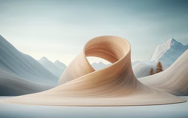 Fototapeten Abstract wooden archway in a serene mountain landscape © Adobe