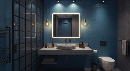 Bathroom with Illuminated Mirror and Stone Sink