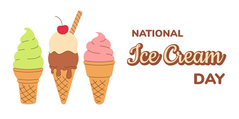 Horizontal summer poster, postcard National Ice Cream Day. Soft vanilla gelato, melted scoop ice cream, of in waffle cone on white background. Hand drawn flat Vector illustration EPS10