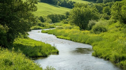 River weaving through dense green vegetation with patches of open grassland on white surface.