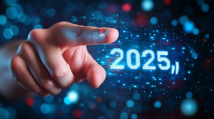 A professional pointing at a digital screen displaying a rising arrow graph and the word "2025," illustrating the drive for innovation in business