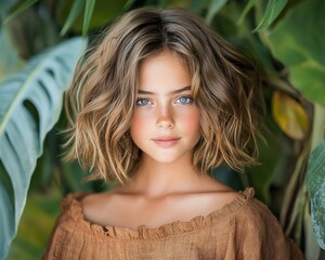 Fototapeta premium Adorable girl with wavy hair and natural beauty