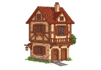 Pixel Art Medieval Cottage Illustration Brown Stone House Game Asset