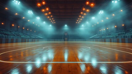 Vast indoor arena with hardwood playing surface, rows of spectator seats, and bright overhead lighting fixtures for game night
