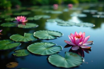 Water lilies create floral pattern across lake's surface, purple, element, close up