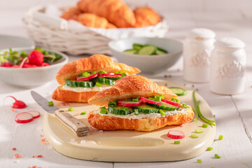 Golden and healthy french croissant in spring morning.