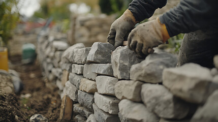 Obraz premium Construction Worker Building a Stone Wall