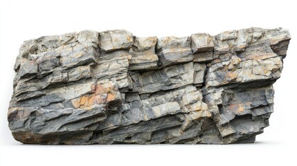 Rocky cliffs with fractured edges and weathered surfaces on white background