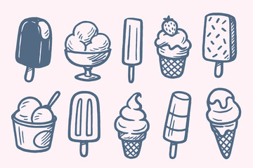 Hand drawn ice cream set in bold cartoonish sketch style, black outlines