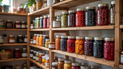 A pantry stocked with colorful berry jars