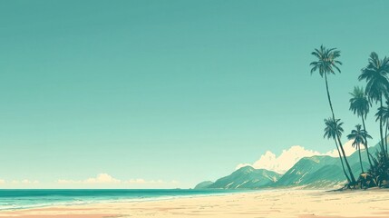 Serene Tropical Beach Landscape with Tall Palm Trees, Clear Calm Water, Mountainous Background, Bright Sky, and Soft Sandy Shore for Relaxation Vacation Scene
