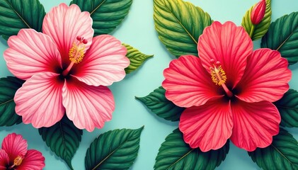 Fototapeta premium Bold hibiscus blooms, stylized leaves, repeating motif , background texture, art, vibrant colors